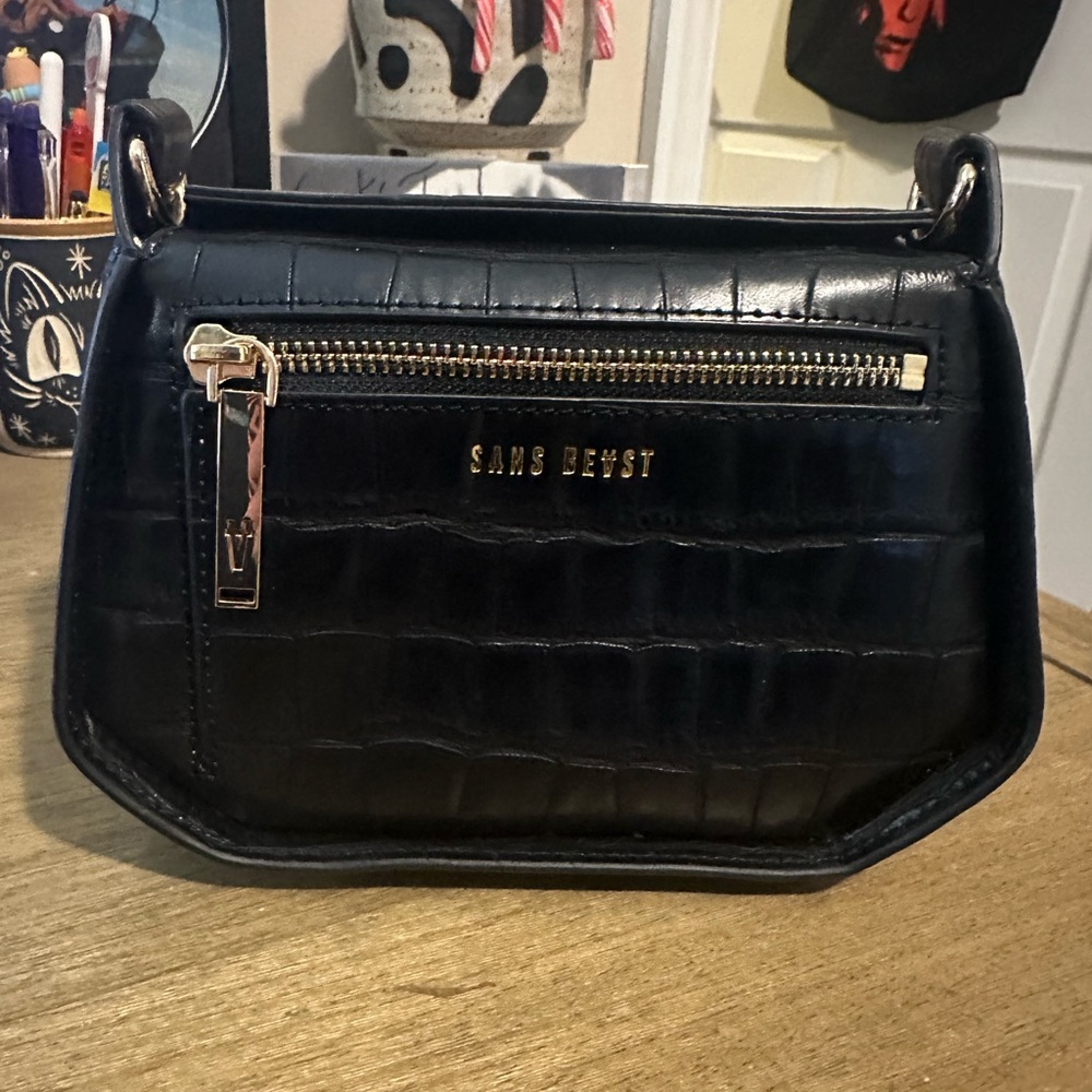 Sans Beast Black Vegan Leather Croc-Texture Crossbody Bag Mini Sanctuary